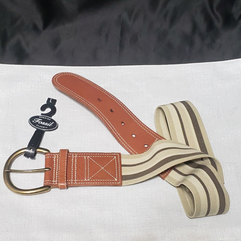 Fossil NWT Stretch Khaki Stripe Elastic Belt Sz L